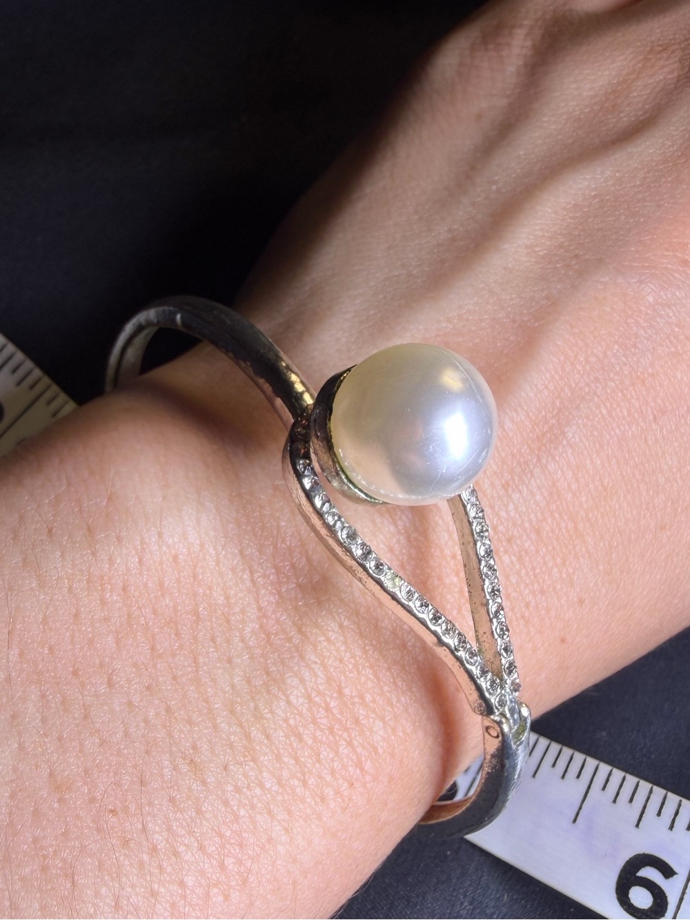 Silver Pearl & Crystal Open Bangle Bracelet